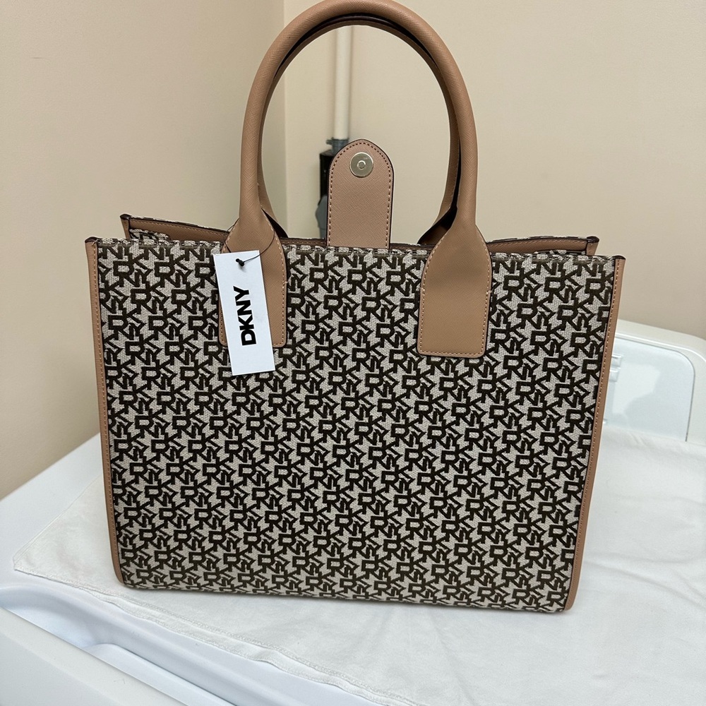 DKNY Monogrammed Tan and Black Tote